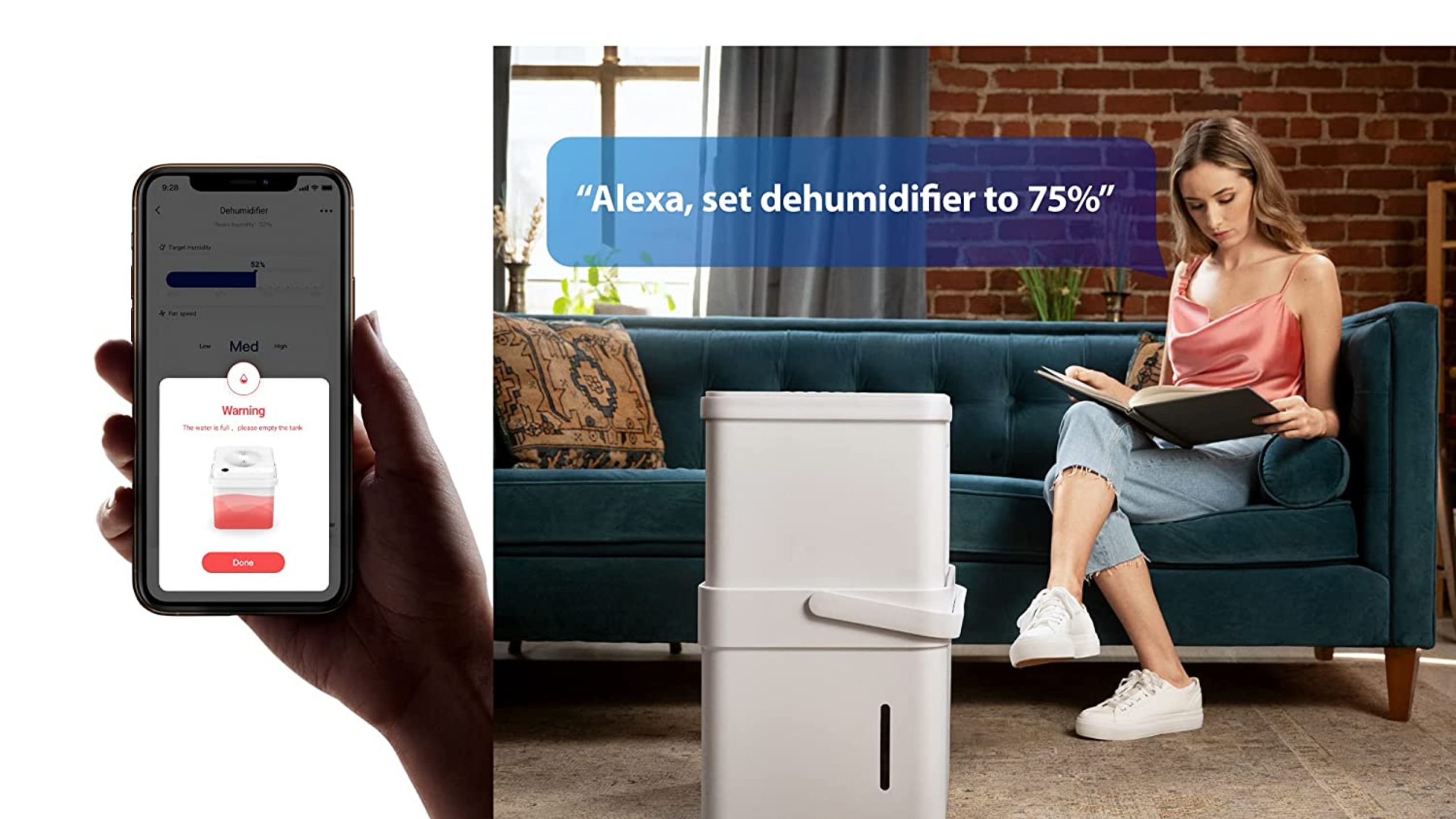 Woman sitting on a chair and reading a book with a dehumidifier for basement infront of her