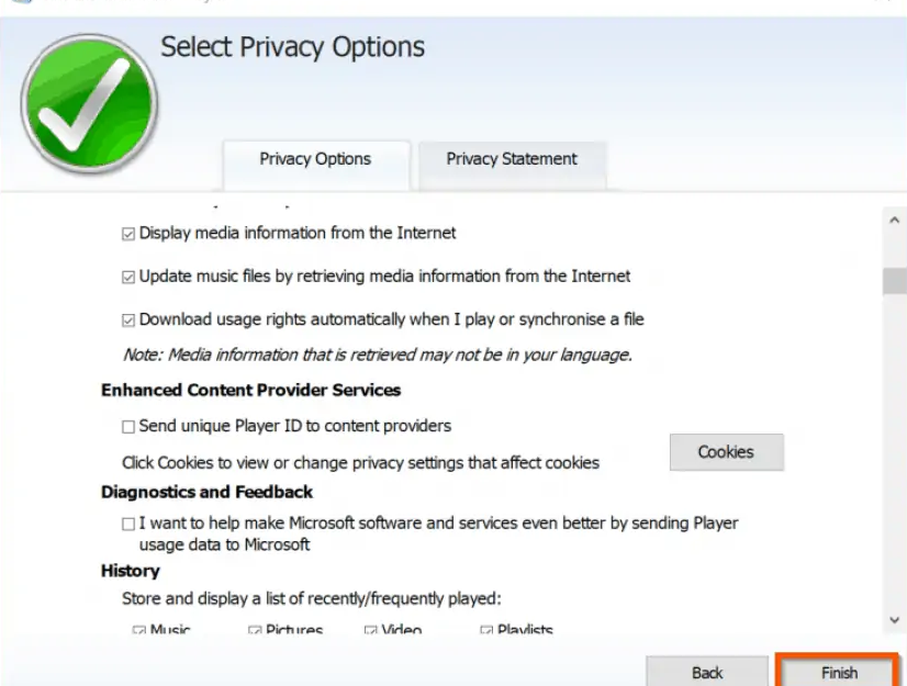 select privacy options - windows media player